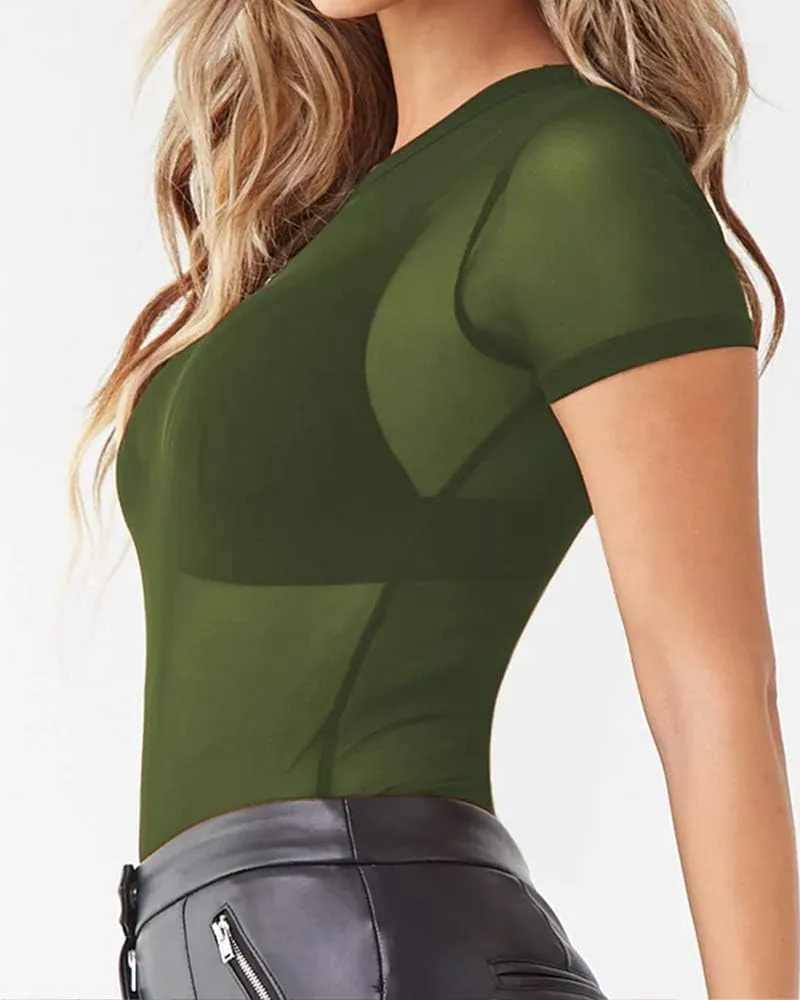 Allchic Womens Short Sleeve Sheer Mesh Tops Sexy See Through Tee Blouse Clubwears
