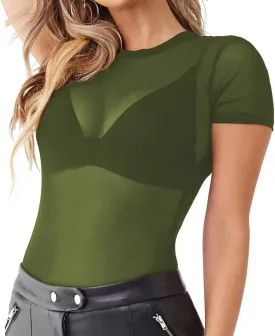 Allchic Womens Short Sleeve Sheer Mesh Tops Sexy See Through Tee Blouse Clubwears