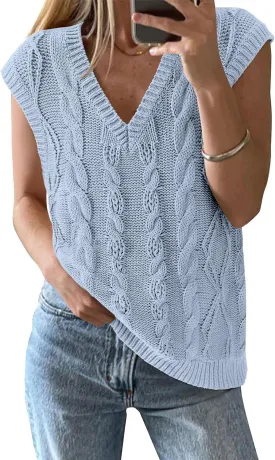 BTFBM Womens Oversized Sweater Vest 2025 Summer V Neck Casual Sleeveless Sweaters Loose Cable Knit Pullover Tops
