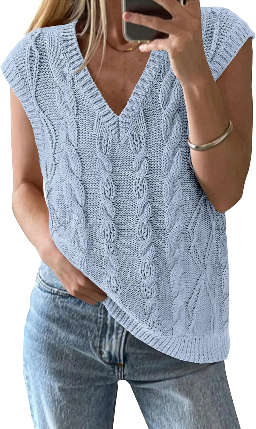 BTFBM Womens Oversized Sweater Vest 2025 Summer V Neck Casual Sleeveless Sweaters Loose Cable Knit Pullover Tops