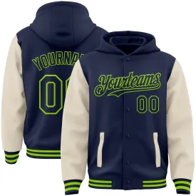 Custom Navy Cream-Neon Green Bomber Full-Snap Varsity Letterman Two Tone Hoodie Jacket