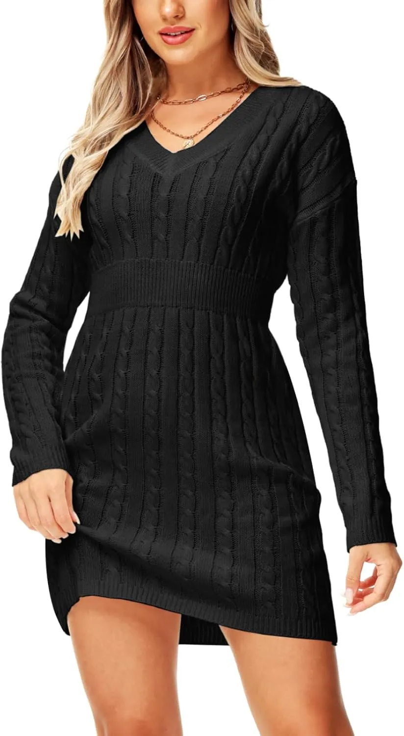 Deerose Women V Neck Sweater Dress Cable Knit Long Sleeve Pullover Sweaters