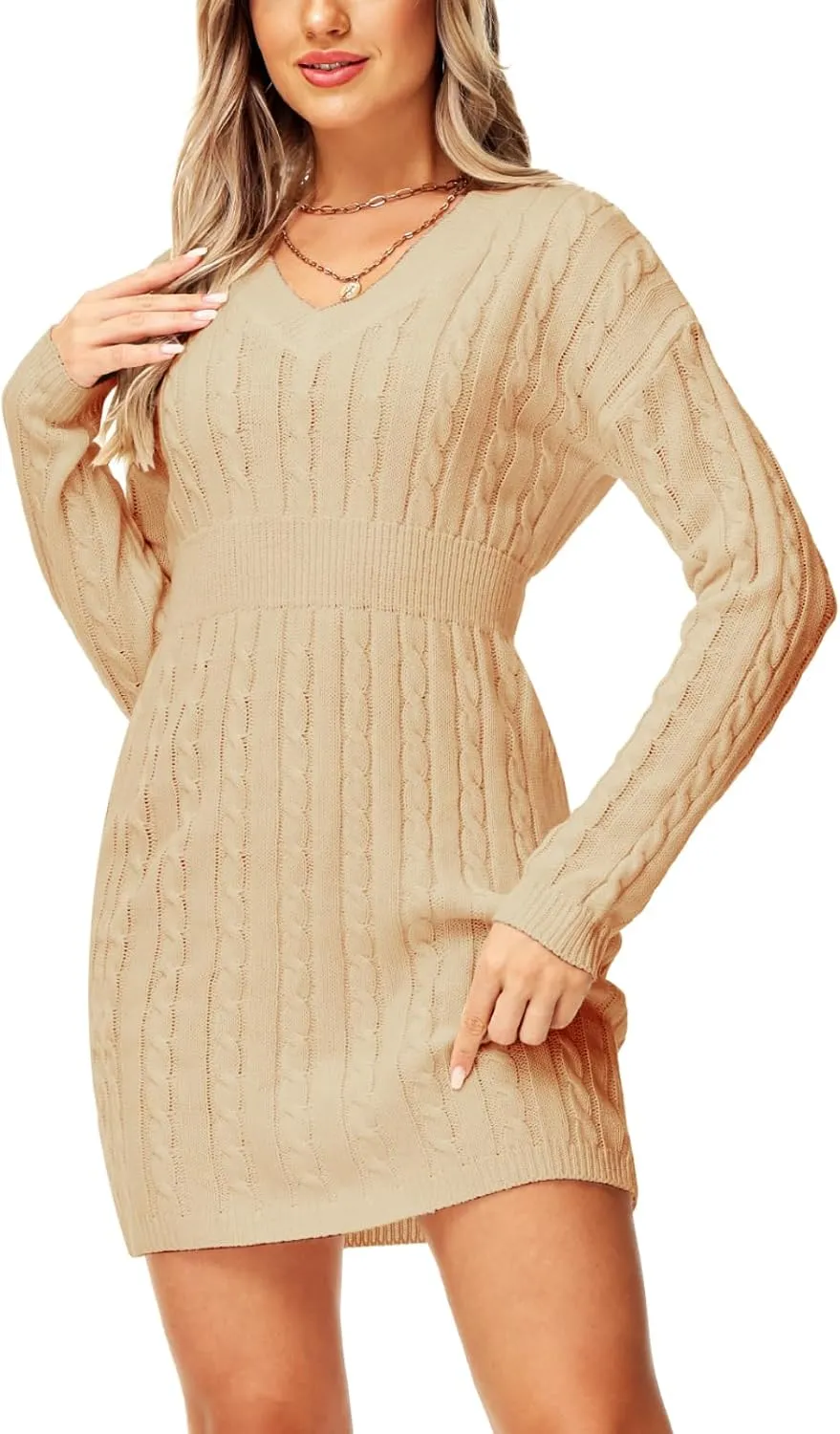 Deerose Women V Neck Sweater Dress Cable Knit Long Sleeve Pullover Sweaters