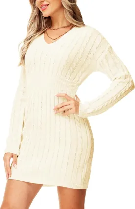 Deerose Women V Neck Sweater Dress Cable Knit Long Sleeve Pullover Sweaters
