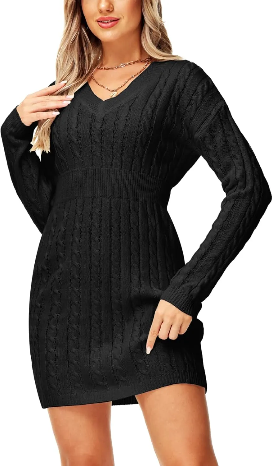Deerose Women V Neck Sweater Dress Cable Knit Long Sleeve Pullover Sweaters