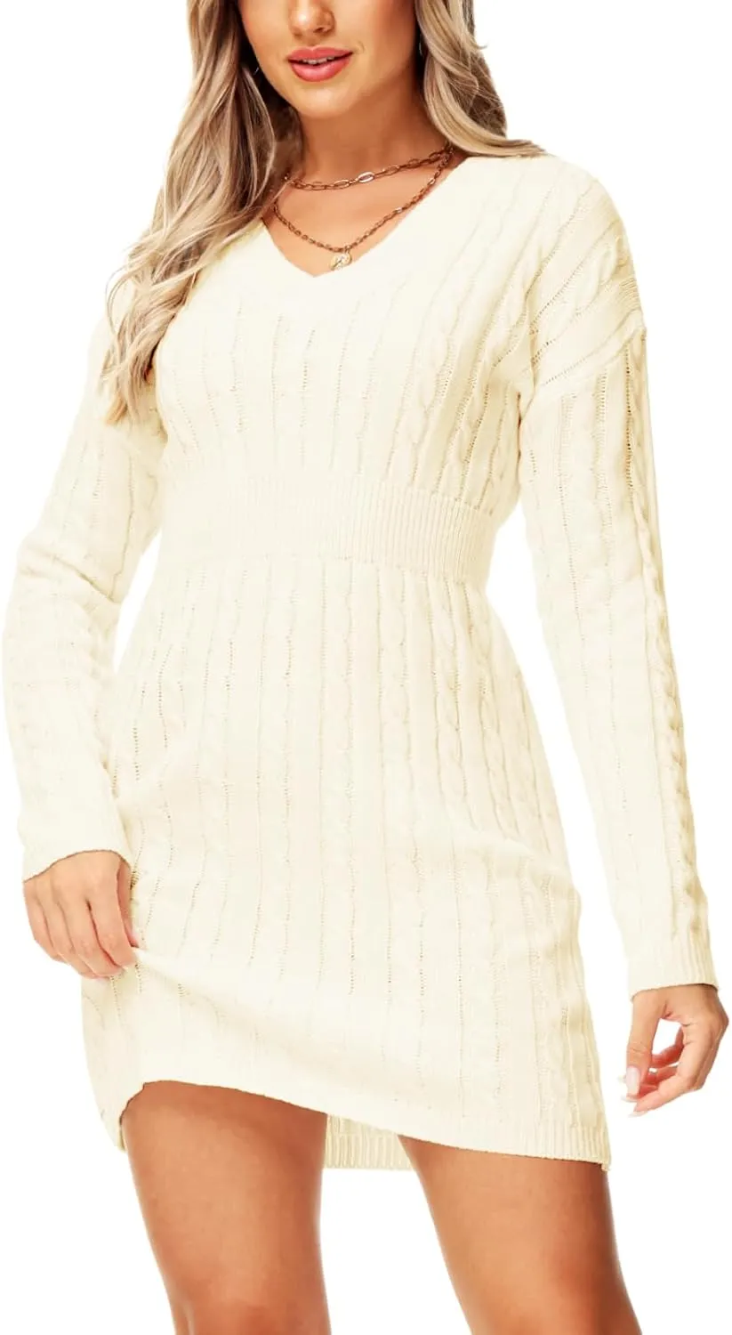 Deerose Women V Neck Sweater Dress Cable Knit Long Sleeve Pullover Sweaters