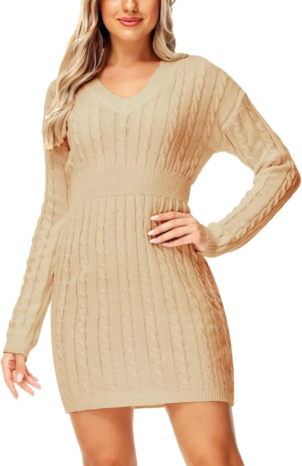 Deerose Women V Neck Sweater Dress Cable Knit Long Sleeve Pullover Sweaters