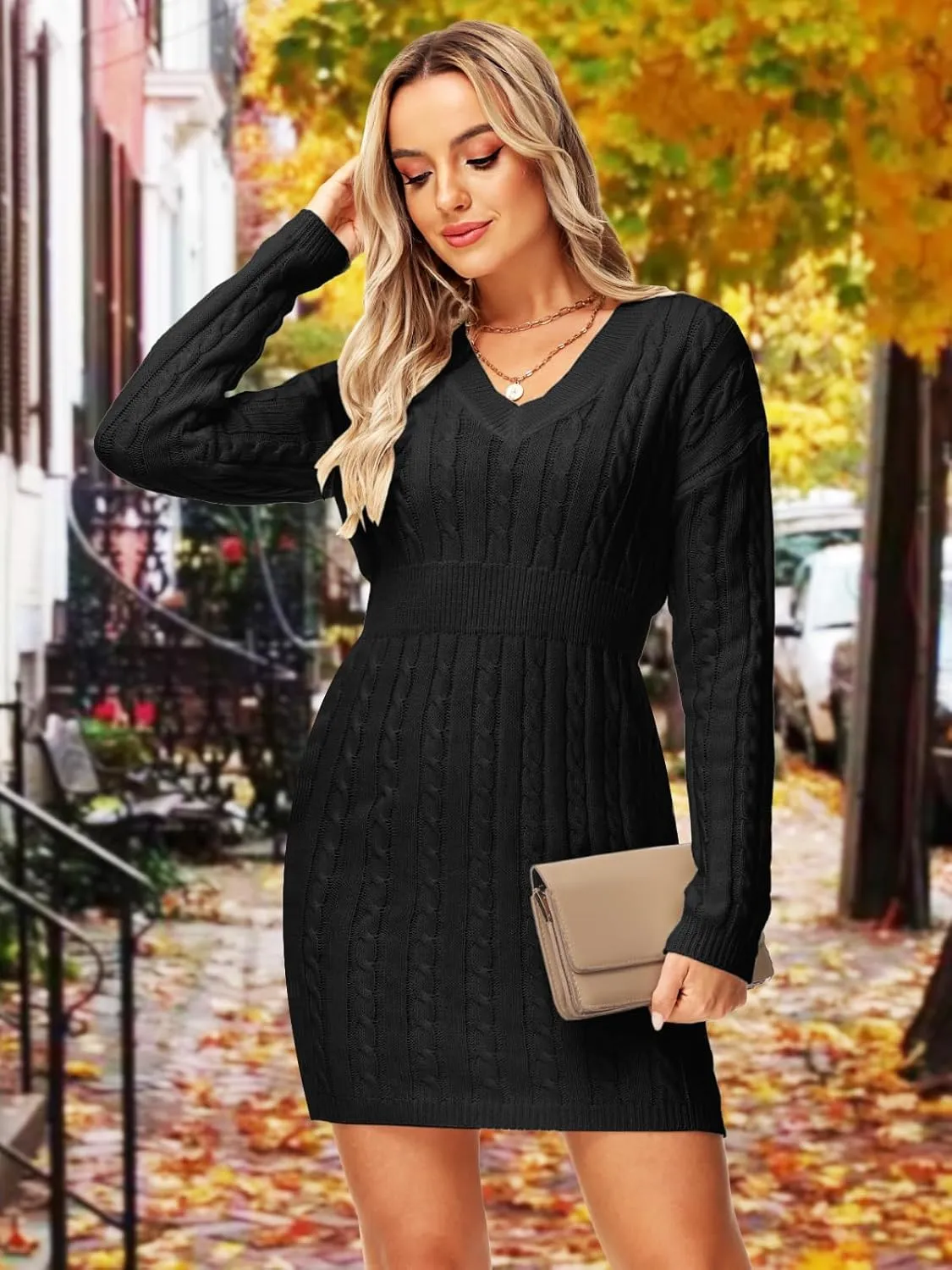 Deerose Women V Neck Sweater Dress Cable Knit Long Sleeve Pullover Sweaters