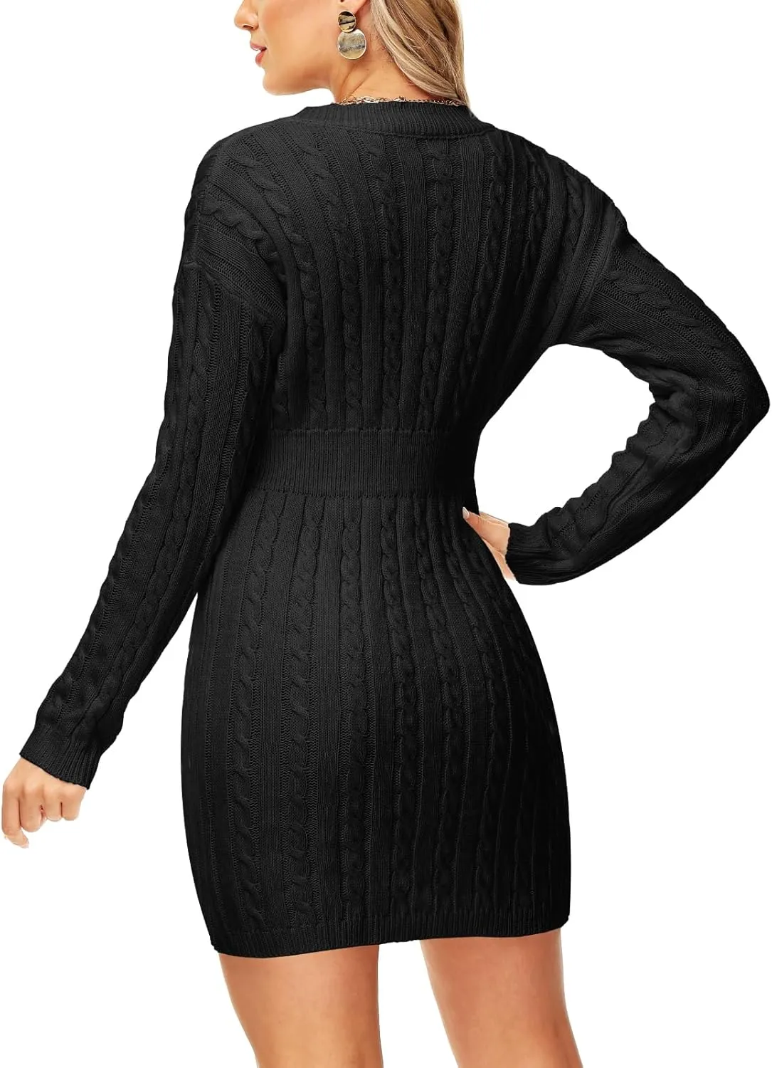 Deerose Women V Neck Sweater Dress Cable Knit Long Sleeve Pullover Sweaters