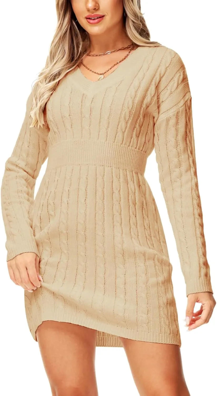 Deerose Women V Neck Sweater Dress Cable Knit Long Sleeve Pullover Sweaters