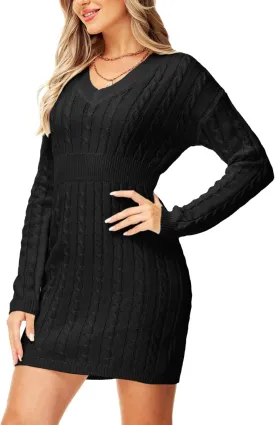 Deerose Women V Neck Sweater Dress Cable Knit Long Sleeve Pullover Sweaters