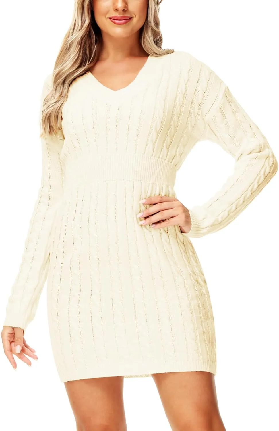 Deerose Women V Neck Sweater Dress Cable Knit Long Sleeve Pullover Sweaters
