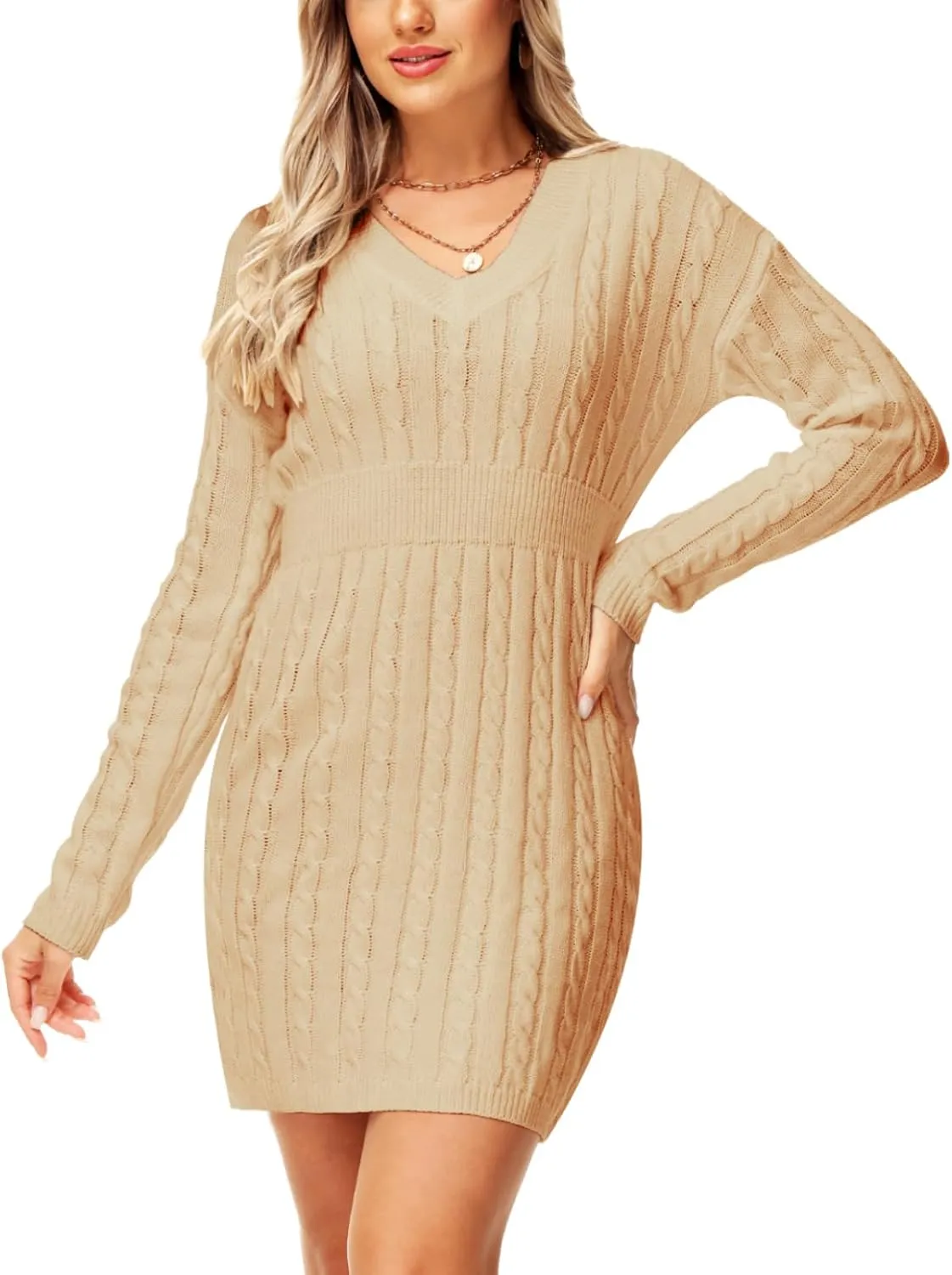 Deerose Women V Neck Sweater Dress Cable Knit Long Sleeve Pullover Sweaters