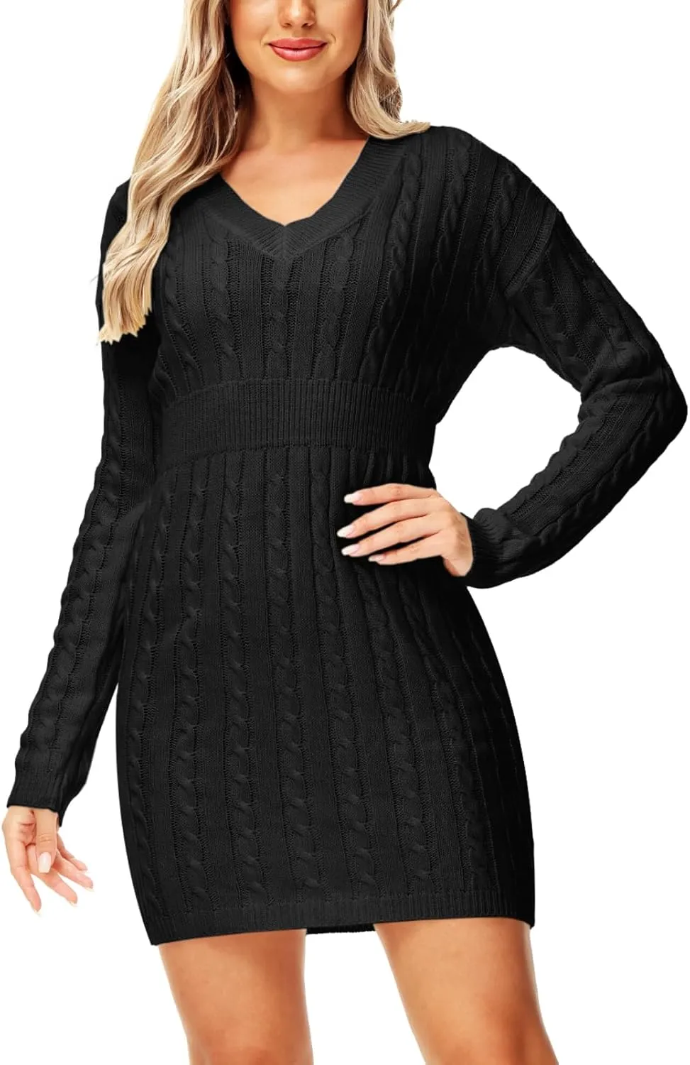 Deerose Women V Neck Sweater Dress Cable Knit Long Sleeve Pullover Sweaters