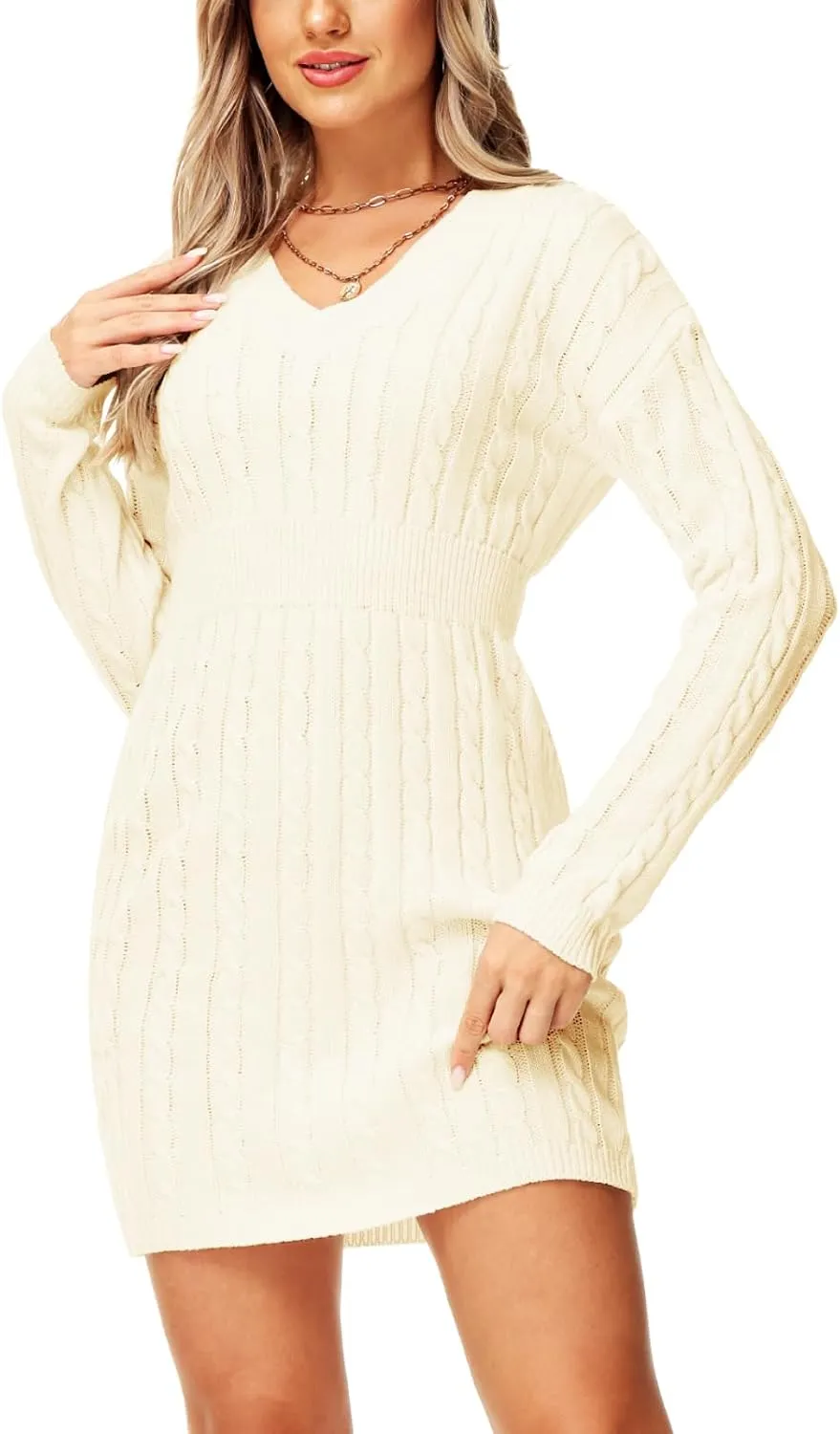 Deerose Women V Neck Sweater Dress Cable Knit Long Sleeve Pullover Sweaters