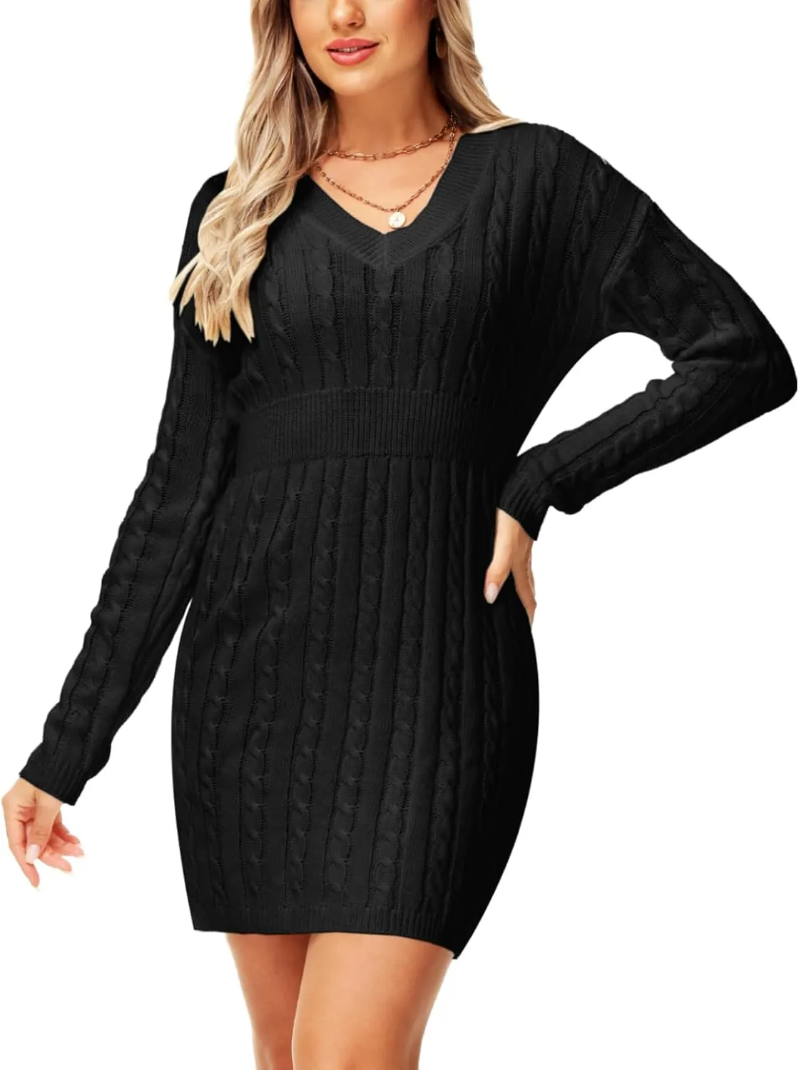 Deerose Women V Neck Sweater Dress Cable Knit Long Sleeve Pullover Sweaters