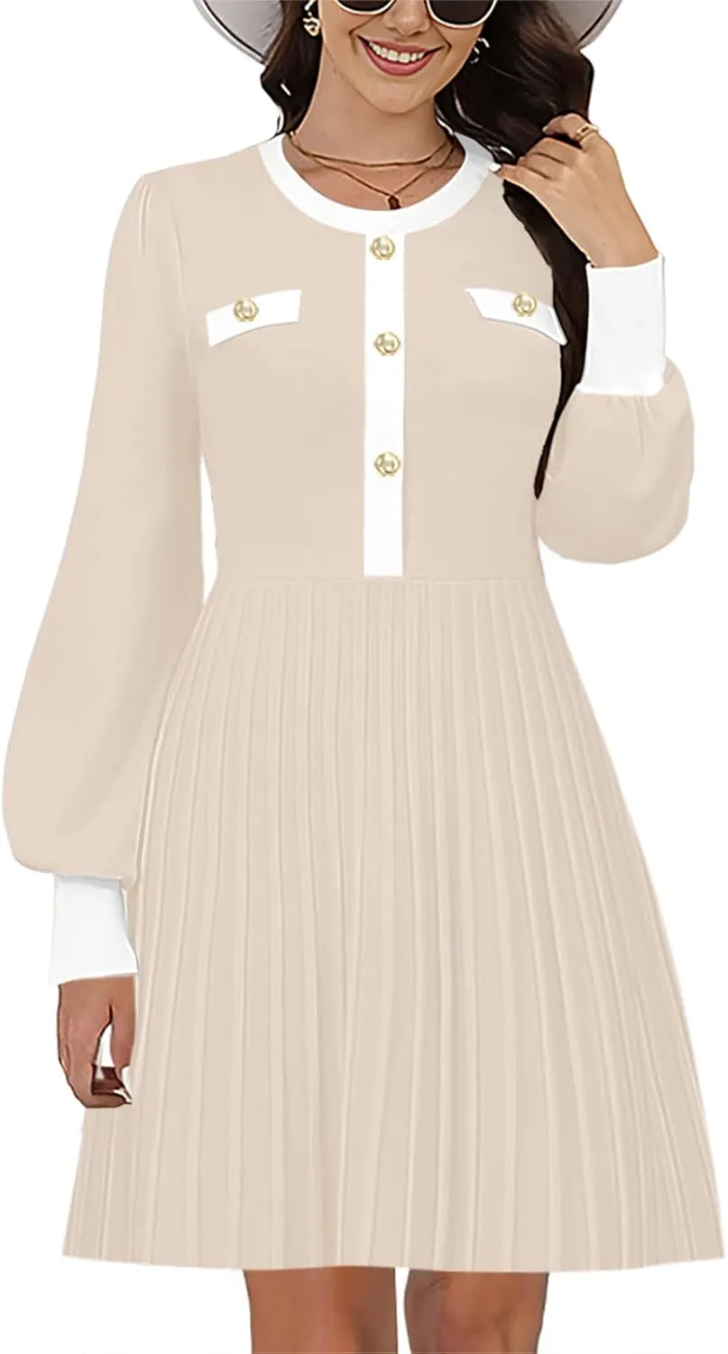 ETCYY Women's Fall Dresses Long Sleeve Sweater 2025 Color Block Button Church Ribbed Knit Pleated A Line Mini Dress