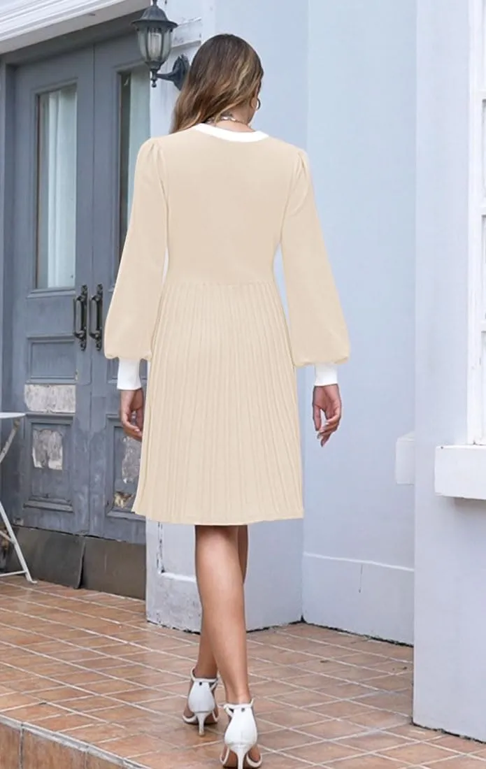 ETCYY Women's Fall Dresses Long Sleeve Sweater 2025 Color Block Button Church Ribbed Knit Pleated A Line Mini Dress