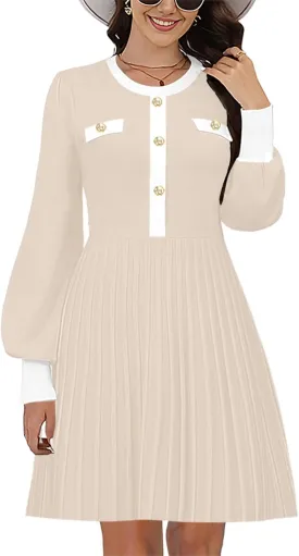 ETCYY Women's Fall Dresses Long Sleeve Sweater 2025 Color Block Button Church Ribbed Knit Pleated A Line Mini Dress