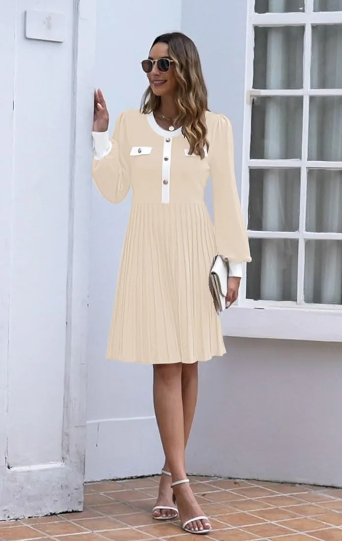 ETCYY Women's Fall Dresses Long Sleeve Sweater 2025 Color Block Button Church Ribbed Knit Pleated A Line Mini Dress