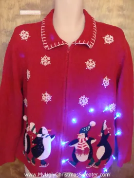 Funny Ice Skating Penguins Light Up Ugly Christmas Jumper