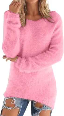 Fuzzy Sweater for Women Furry Crewneck Pullover Women Long Sleeve Jumper Sweaters Plain Sweatshirt Fall Cute Tops