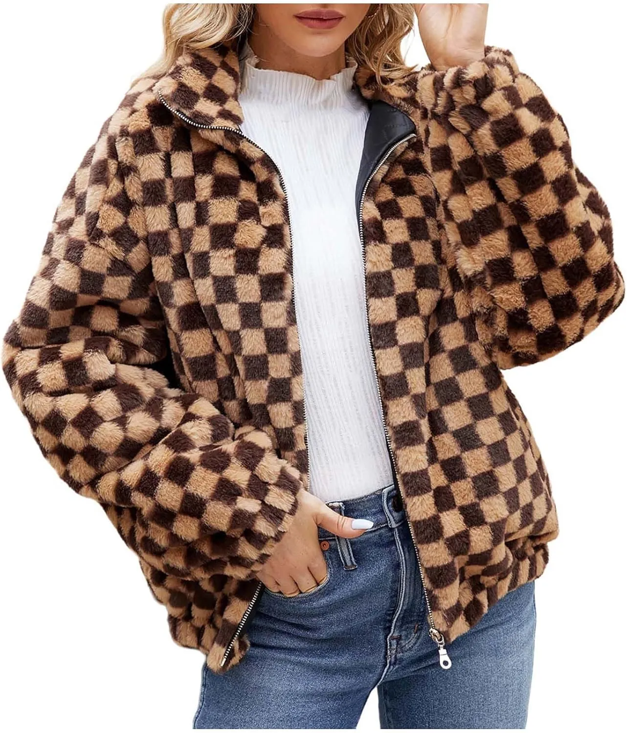HGps8w Women's Checkerboard Fleece Winter Coat - Long Sleeve Stand Collar Zip Up Faux Shearling Shaggy Warm Oversized Jackets