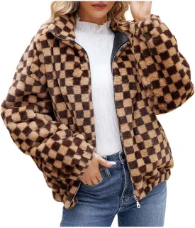 HGps8w Women's Checkerboard Fleece Winter Coat - Long Sleeve Stand Collar Zip Up Faux Shearling Shaggy Warm Oversized Jackets