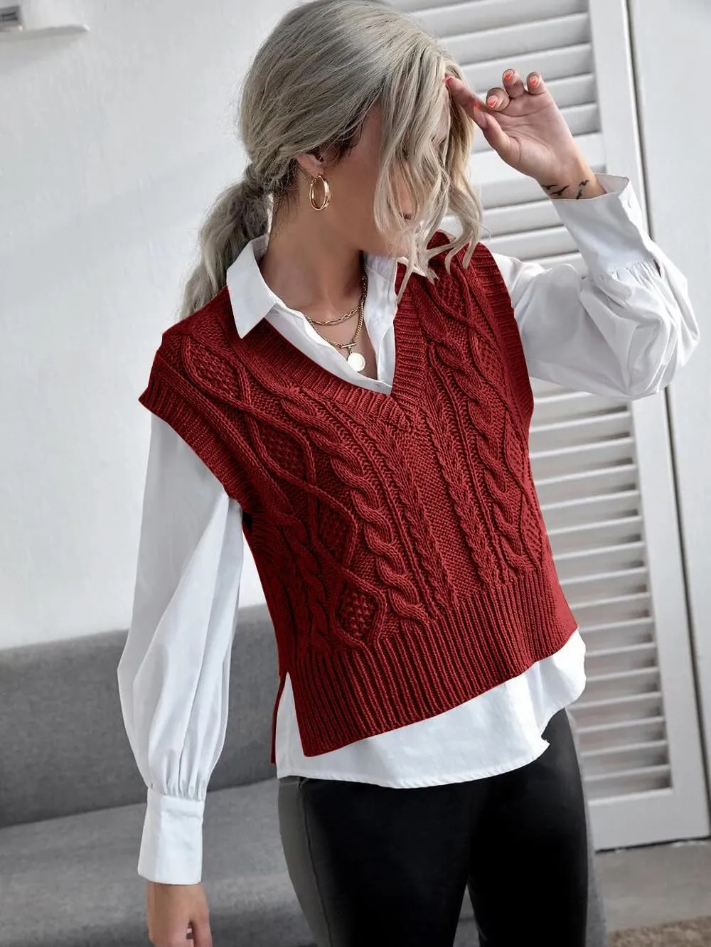 Jumppmile Womens V Neck Sweater Vest Sleeveless Pullover Crop Sweater Vest