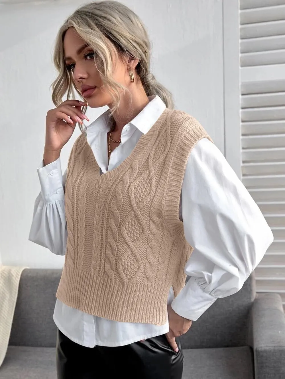 Jumppmile Womens V Neck Sweater Vest Sleeveless Pullover Crop Sweater Vest