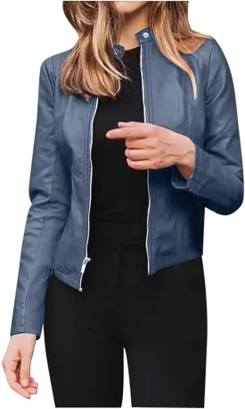 LCMTWX Womens Jacket Solid Full Zip Snap Stand Collar Long Sleeve Cardigan Slim Jacket Coat for Vacation Motorcycle Red