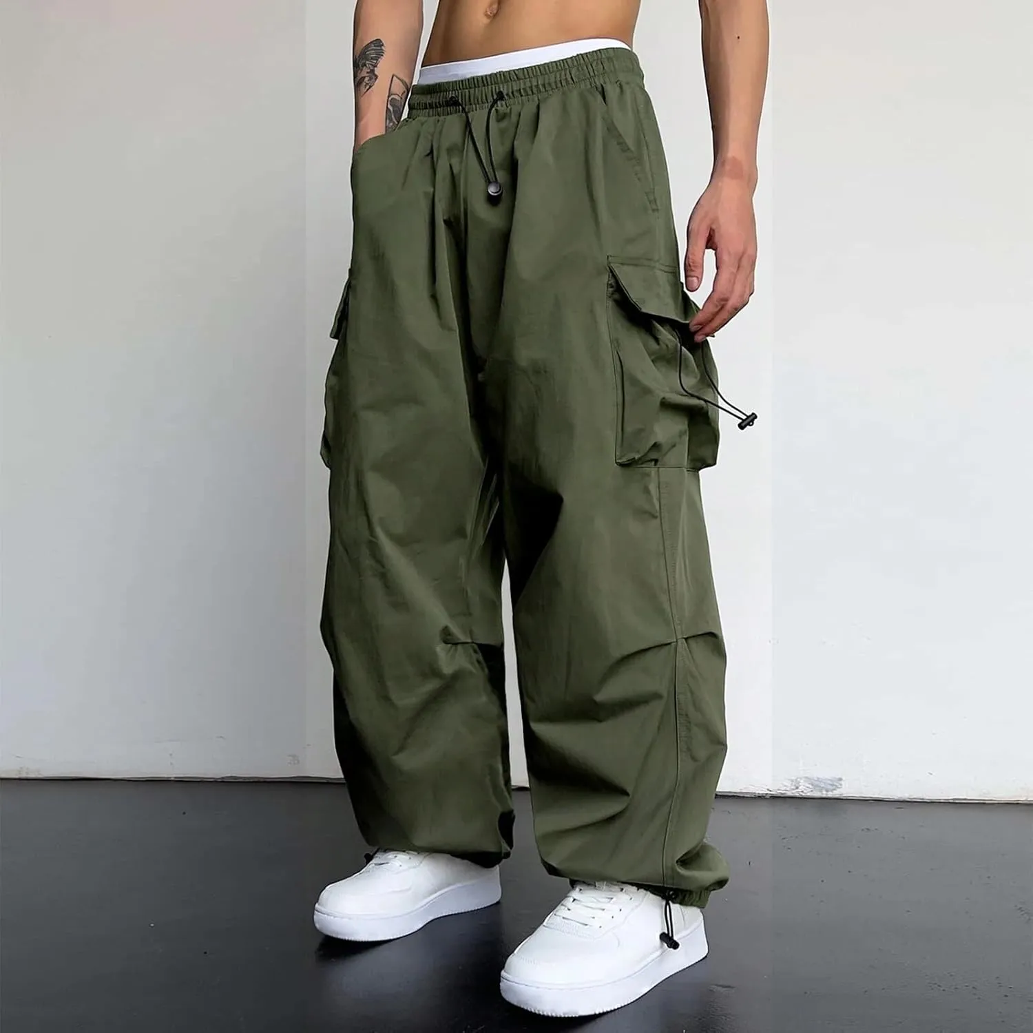 Men's Baggy Cargo Pants Casual Parachute Pant Drawstring Elastic Waist Loose Fit Athletic Joggers Sweatpants with Pockets