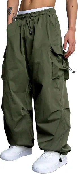 Men's Baggy Cargo Pants Casual Parachute Pant Drawstring Elastic Waist Loose Fit Athletic Joggers Sweatpants with Pockets