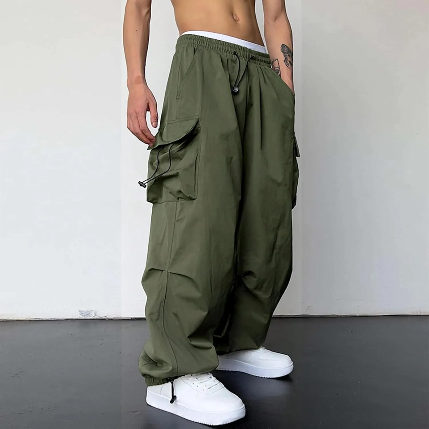 Men's Baggy Cargo Pants Casual Parachute Pant Drawstring Elastic Waist Loose Fit Athletic Joggers Sweatpants with Pockets