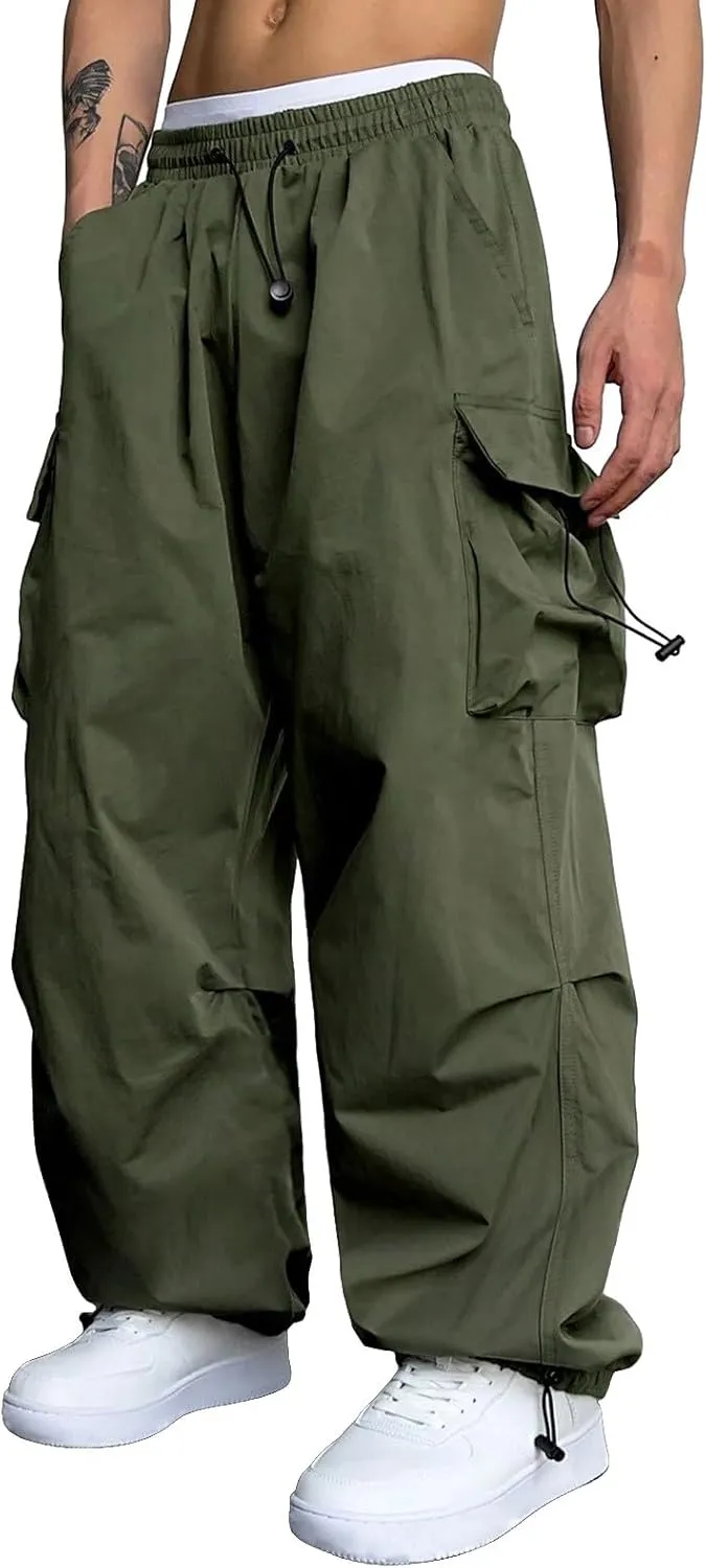 Men's Baggy Cargo Pants Casual Parachute Pant Drawstring Elastic Waist Loose Fit Athletic Joggers Sweatpants with Pockets