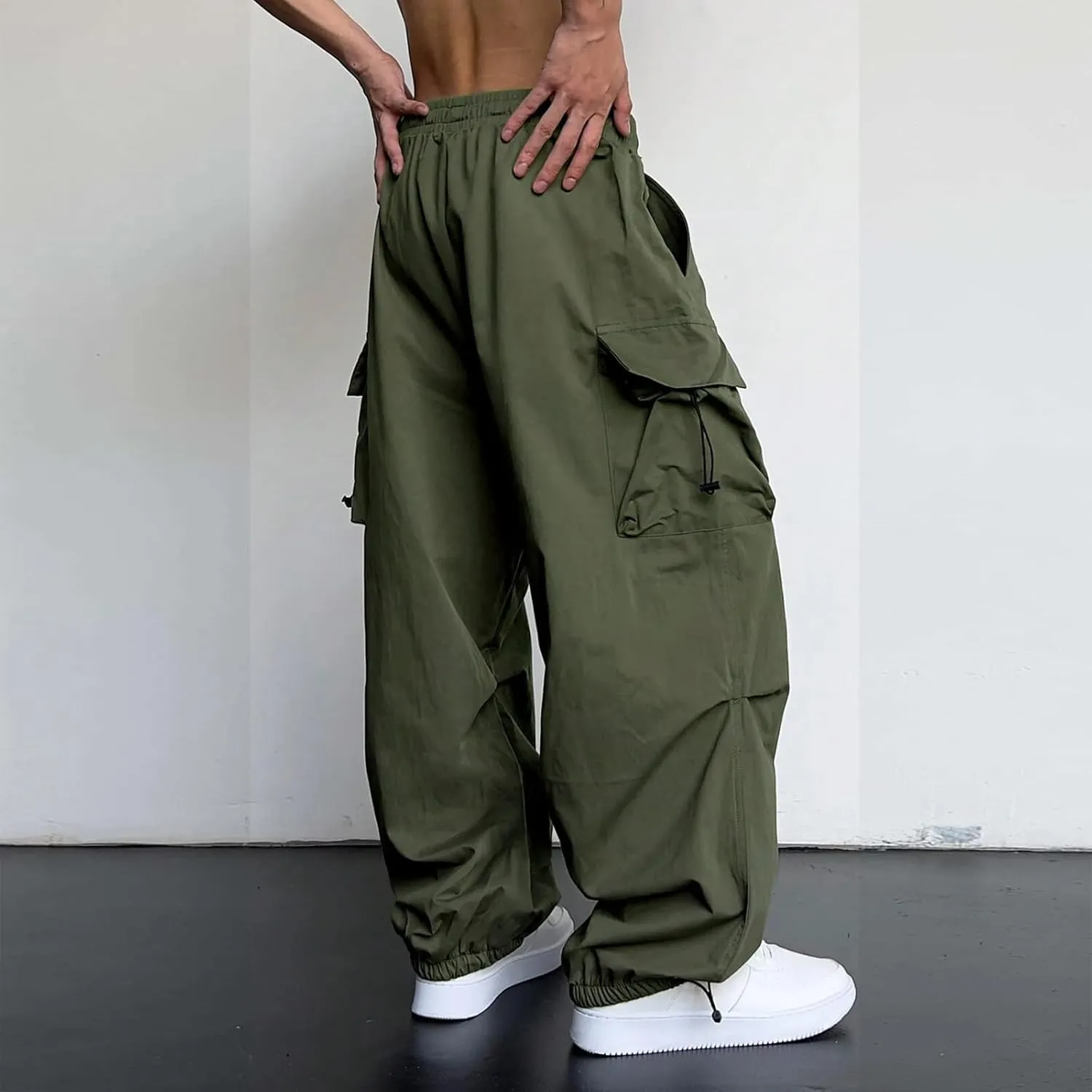 Men's Baggy Cargo Pants Casual Parachute Pant Drawstring Elastic Waist Loose Fit Athletic Joggers Sweatpants with Pockets