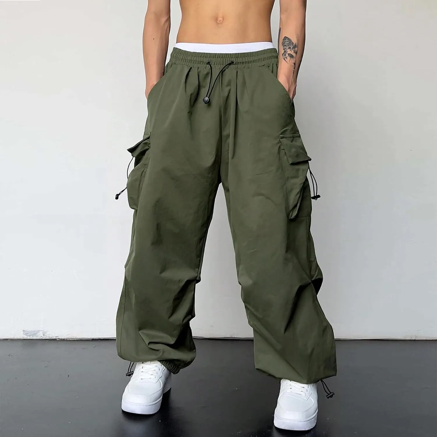 Men's Baggy Cargo Pants Casual Parachute Pant Drawstring Elastic Waist Loose Fit Athletic Joggers Sweatpants with Pockets
