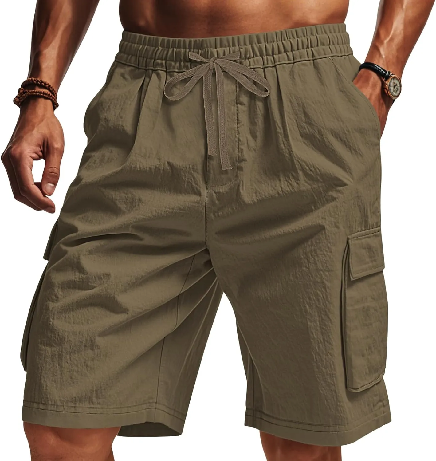 Men's Beach Cargo Shorts Waist with Drawstring Light Weight Multi-Pocket for Summer Outdoor Wear Athletic Short Pant