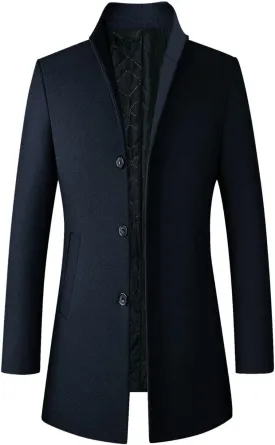 Men's Classic Single Breasted Peacoat Men's Mid-Length Single Breasted Wool Blend Top Coat Long Jacket Overcoat