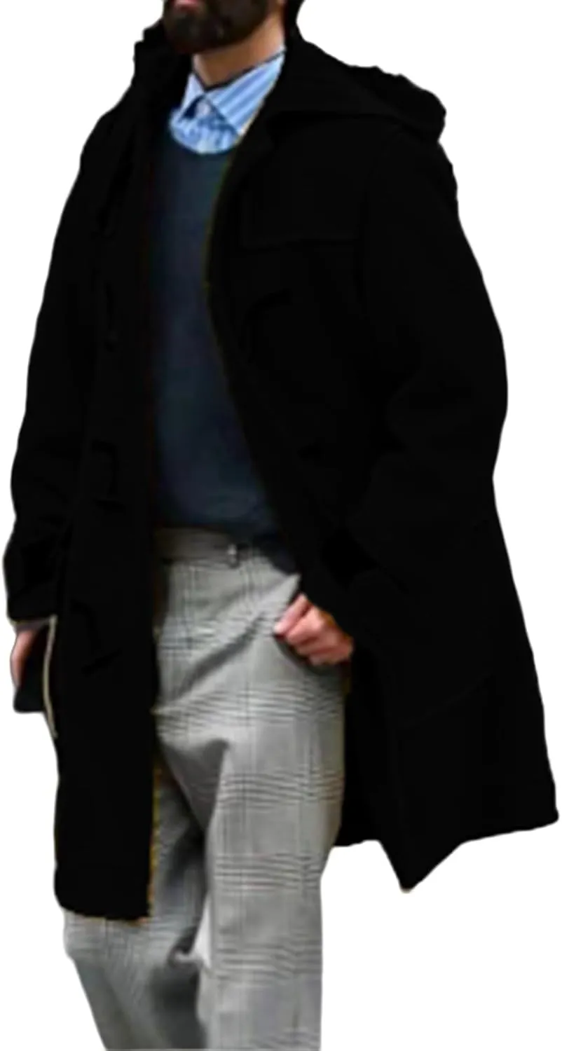 Mens Duffle Coat Wool Blend Single Breasted Walking Toggle Coats Mid Long Trench Coat with Hood for Big and Tall Men