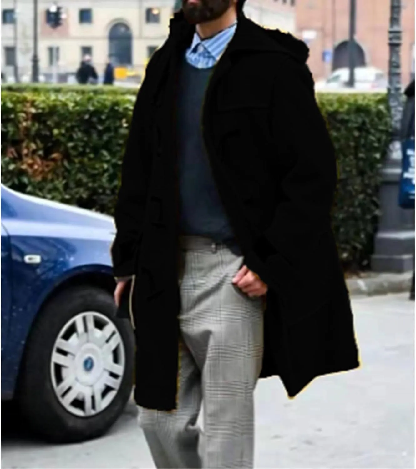 Mens Duffle Coat Wool Blend Single Breasted Walking Toggle Coats Mid Long Trench Coat with Hood for Big and Tall Men