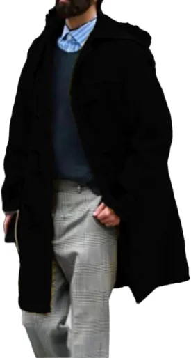 Mens Duffle Coat Wool Blend Single Breasted Walking Toggle Coats Mid Long Trench Coat with Hood for Big and Tall Men
