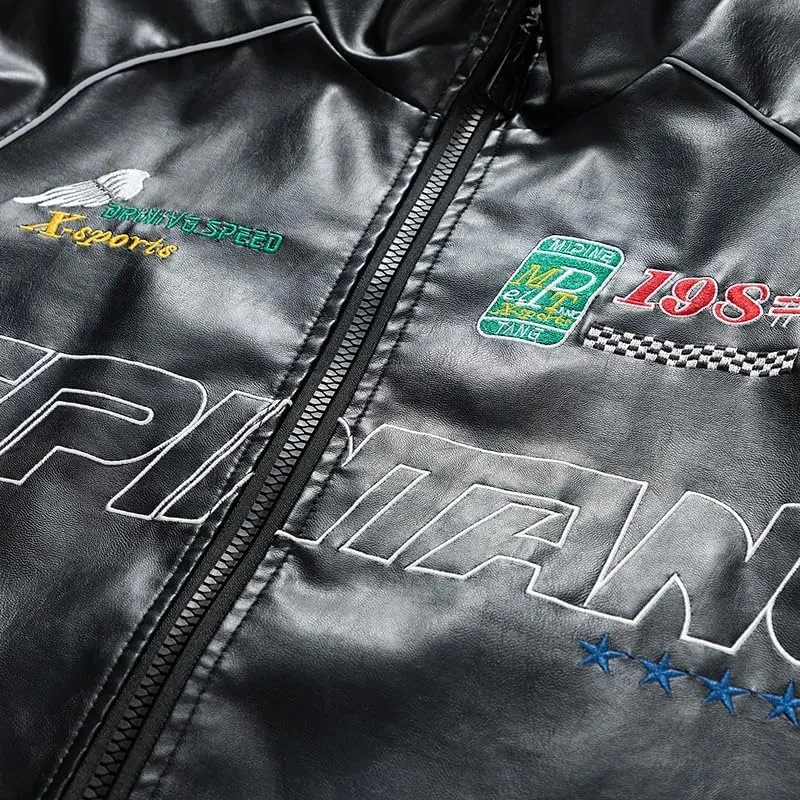 Men's Faux Leather Jacket Oversized Varsity Jacket Zipper Closure Casual Jacket Unisex Motorcycle Jacket