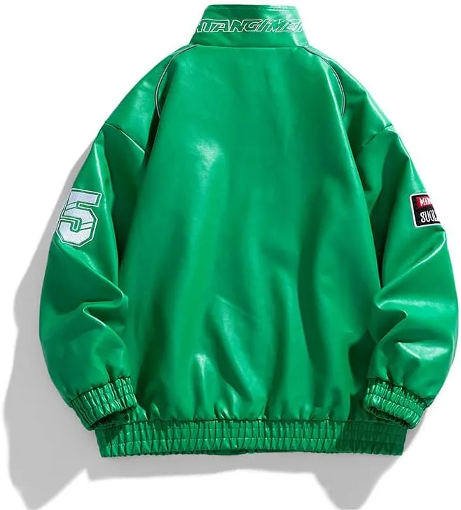 Men's Faux Leather Jacket Oversized Varsity Jacket Zipper Closure Casual Jacket Unisex Motorcycle Jacket