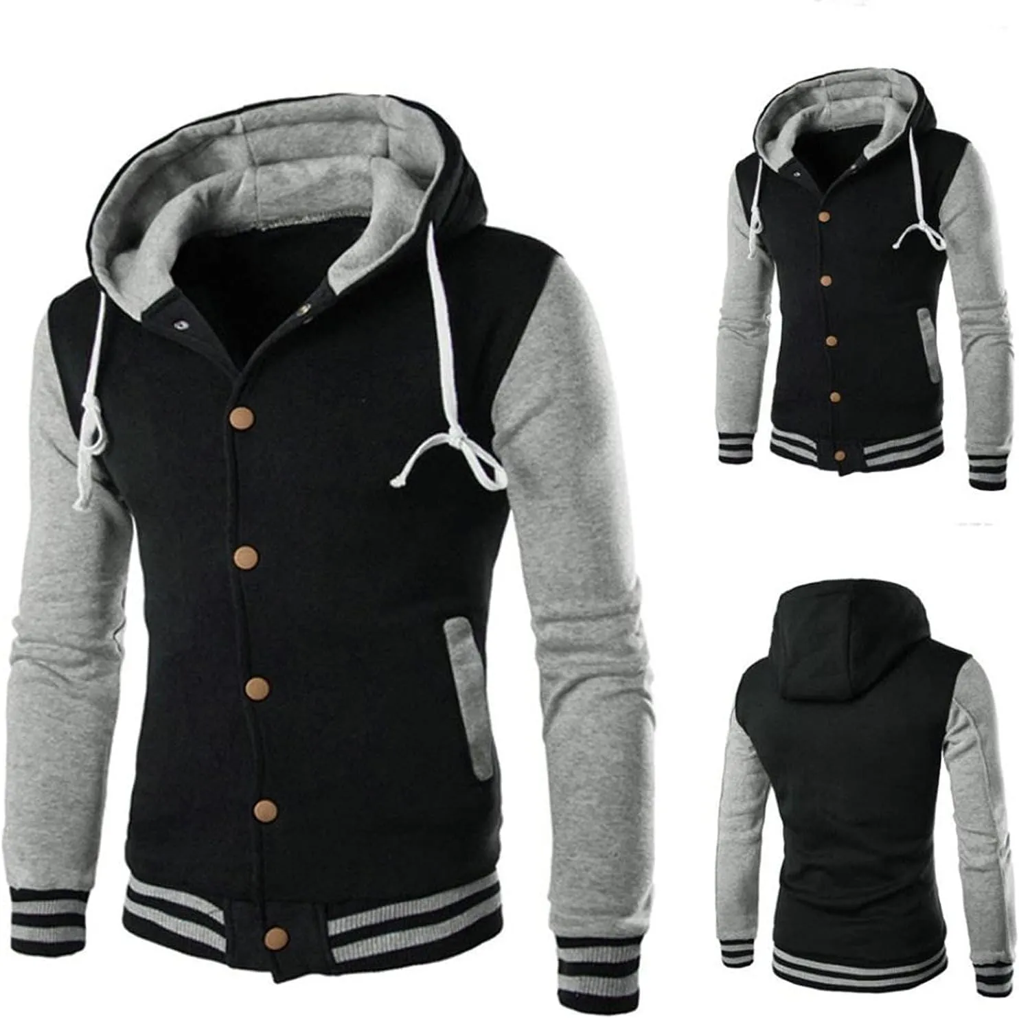 Men's Hooded Varsity Jacket,Slim Button Down Baseball Jacket Outwear Colorblock Casual Sports Drawstring Sweatshirts