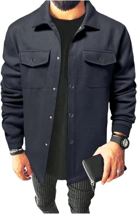 Men's Jacket Long Sleeve Button Down Jackets Open Front Cardigan Overcoat Lightweight Casual Coat with Flap Pockets