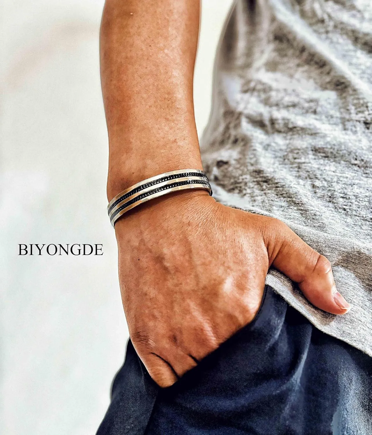 Men's Stainless Steel Cuff Bracelet with Black Chain Inlay, Silver Sleek Open Bangle, Urban and Minimalist Style