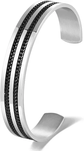 Men's Stainless Steel Cuff Bracelet with Black Chain Inlay, Silver Sleek Open Bangle, Urban and Minimalist Style