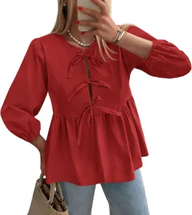 PRETTYGARDEN Women's Babydoll Tops 2025 Spring Trendy 3/4 Length Puff Sleeve Bow Tie Front Cute Peplum Blouses Shirts