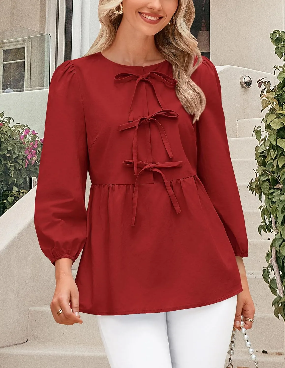 PRETTYGARDEN Women's Babydoll Tops 2025 Spring Trendy 3/4 Length Puff Sleeve Bow Tie Front Cute Peplum Blouses Shirts